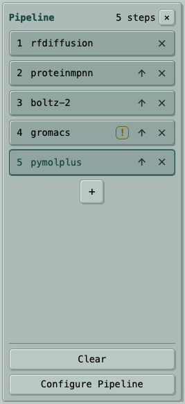 SubSeq pipeline builder showing RF Diffusion, ProteinMPNN, Boltz-2, GROMACS, and PyMOL+ steps