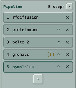 SubSeq pipeline builder with RF Diffusion, LigandMPNN, Boltz-2, GROMACS, and PyMOL+ steps