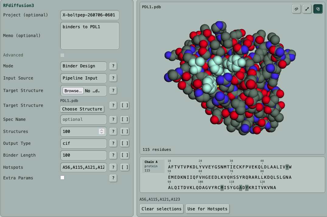 SubSeq RFdiffusion3 configuration with PDL1 structure preview